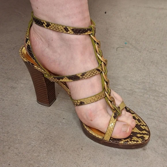 COACH | Green-ish Snake Skin Gold Ankle Strap Heels - Picture 3 of 16